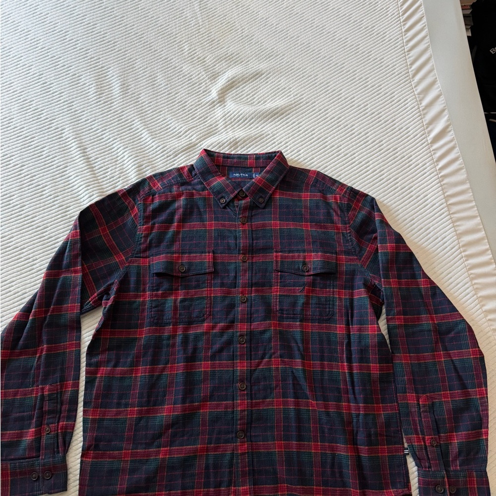 Nautica Men's Red and Black Plaid Button Down Shirt
